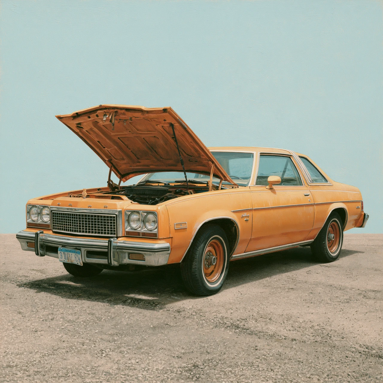 Painting of a vintage orange car with its hood open against a pale blue sky