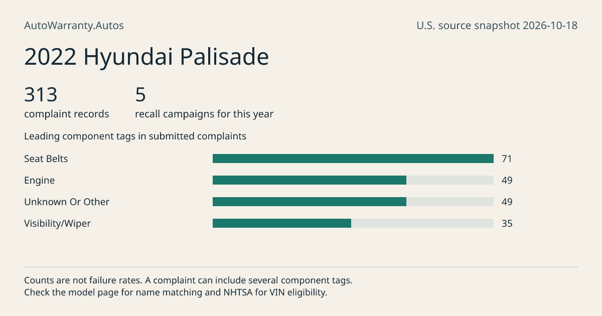 2022 Hyundai Palisade: submitted complaint records, vehicle recall campaigns and available complaint component tags. Counts are not failure rates.